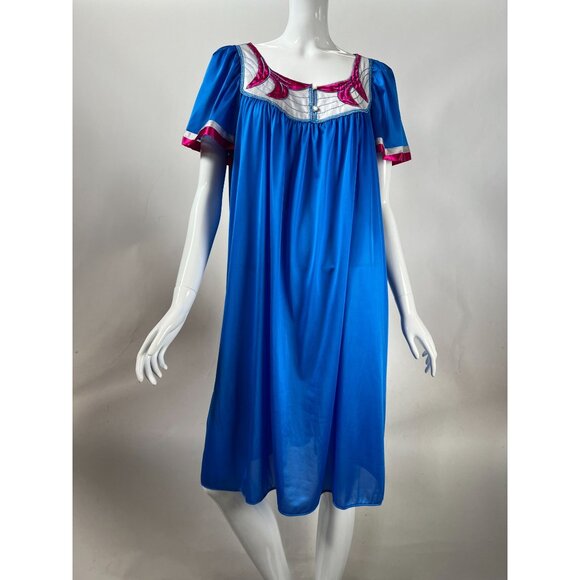 Vintage Henson Blue Nylon Nightgown With Pink & White Trim Small NWT Made in USA - Picture 10 of 16